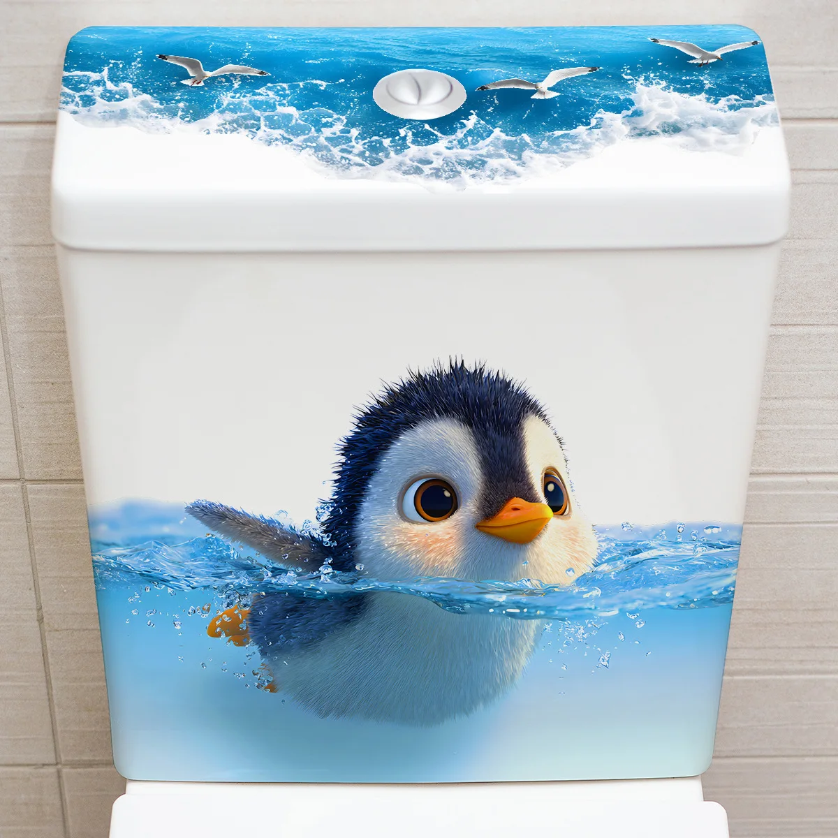 Cartoon Penguin Toilet Sticker Bathroom Decoration Removable PVC Decal Waterproof Mural Art Home Improvement Sign
