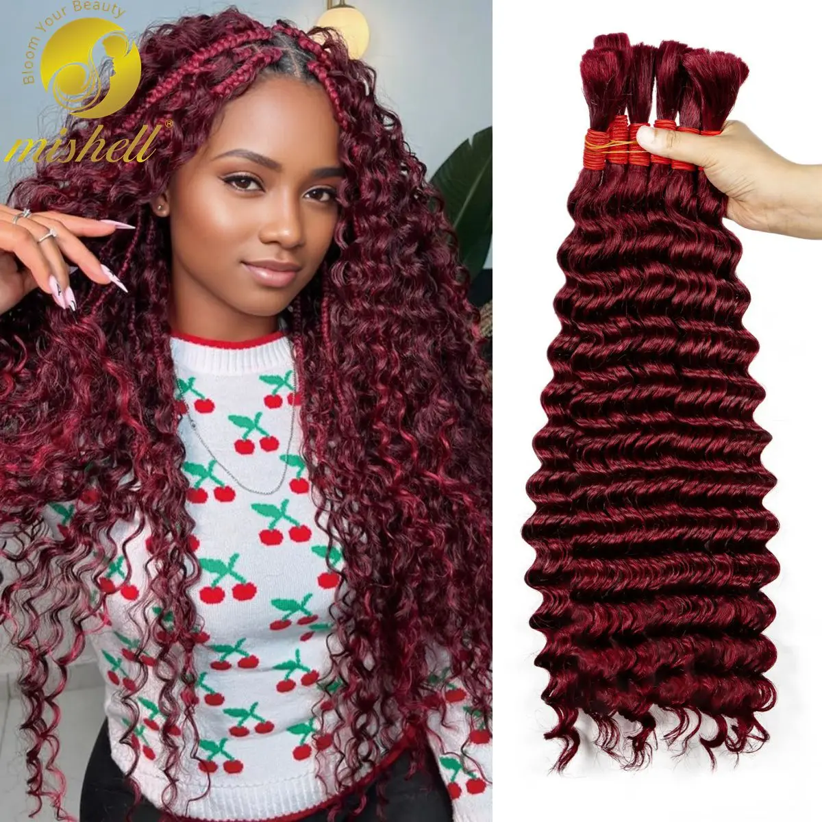 Burgundy 99J# Bulk Human Hair No Weft 1 Bundle 50g Deep Wave Human Hair Bulk for Braiding 10A Curly Extensions for Boho Braids