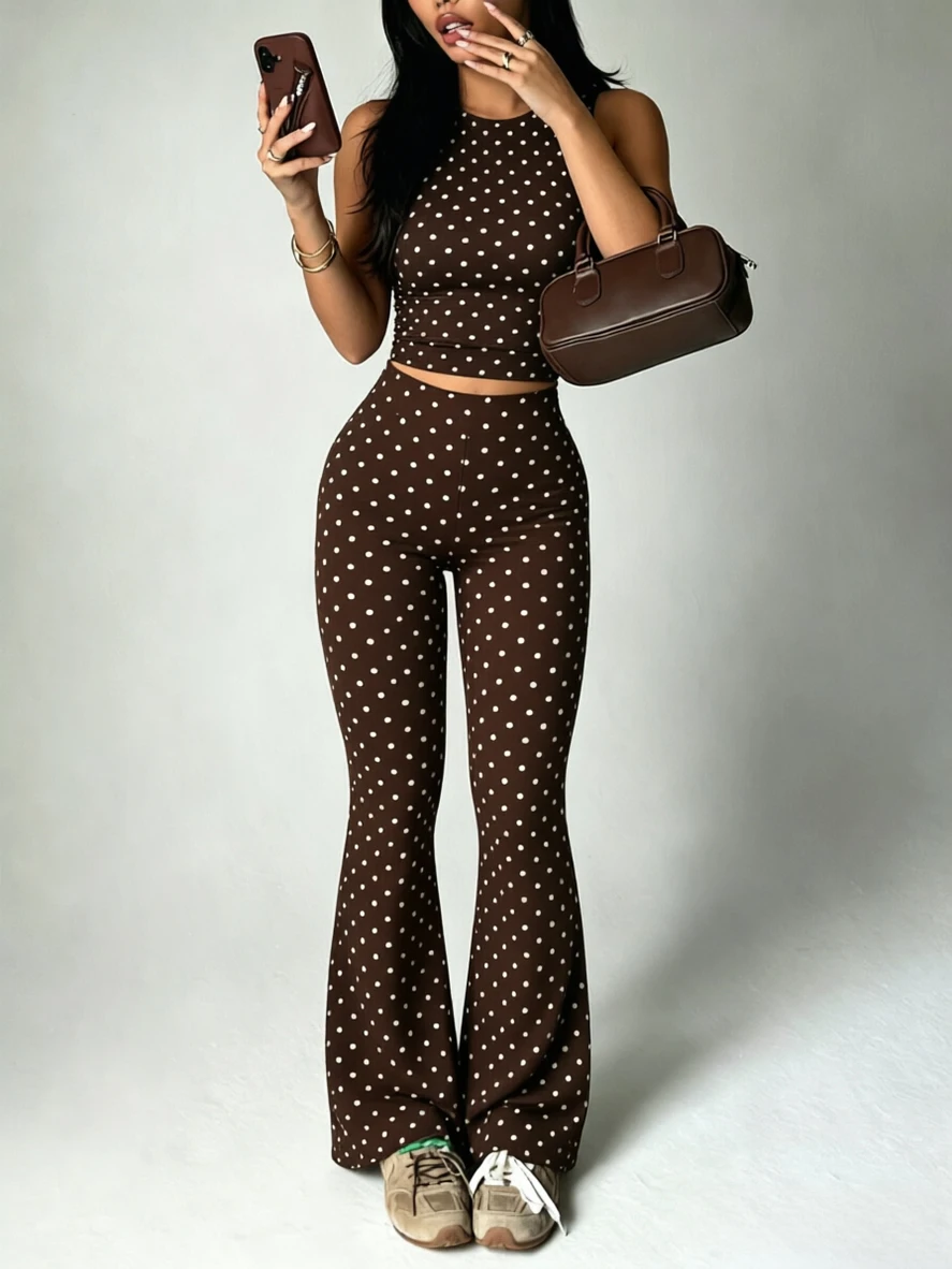 2er-Pack Y2K Damen Polka Dot 2-teiliges Set Crop Top Hochgeschnittene Schlaghose Vintage Club Tägliches Outfit – Detail 4