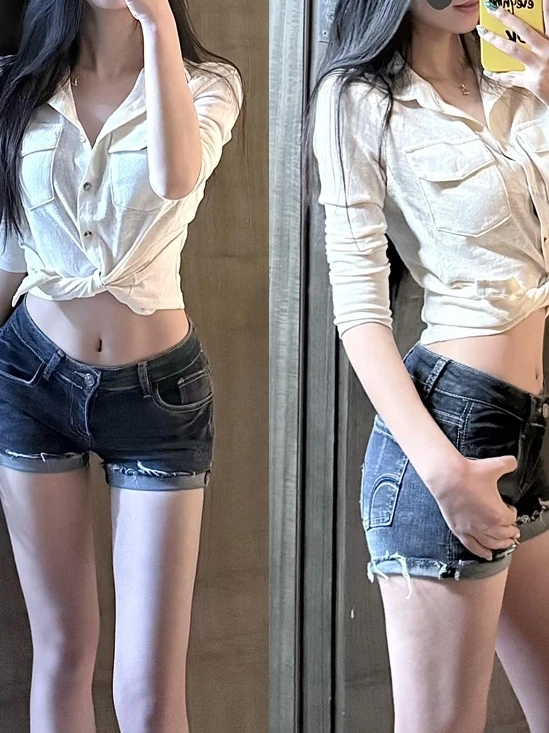 Low Waist Cuffed Elastic Design Denim Shorts Women's Summer Slim Fit Hot Pants American Style Casual Cotton Zipper Style