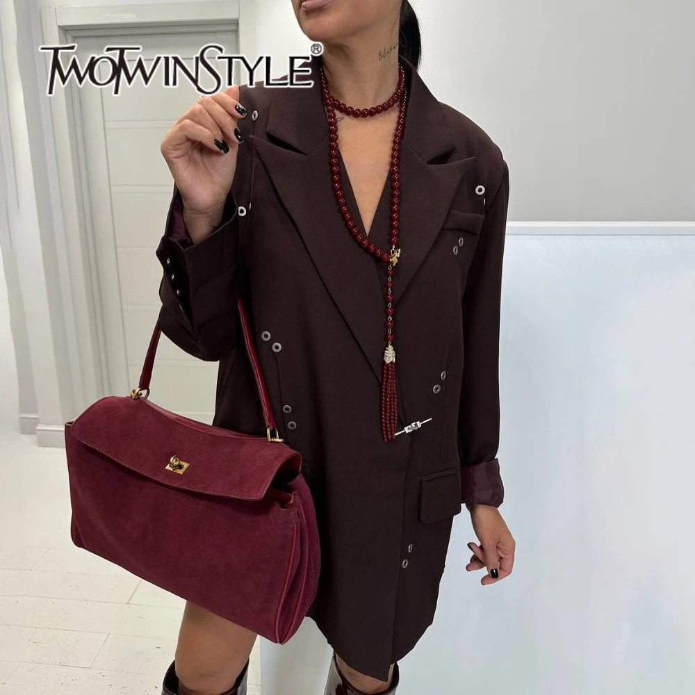 

TWOTWINSTYLE Solid Loose Spliced Sequined Fashion Blazers for Women Lapel Long Sleeves Patchwork Pocket Casual Blazer Female New