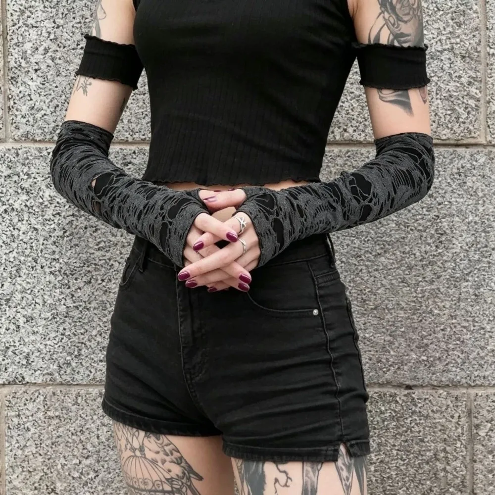 Long Punk Gloves Distressed Style Dark Style Fingerless Arm Warmers Lightweight Desert Wind Hollow Out Arm Sleeves Festival