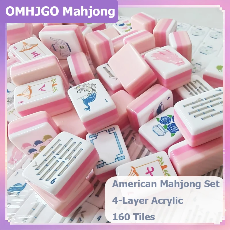 

Hot American Mahjong Set Luxury Acrylic 4 Layer 160 Tiles Hibiscus Powder Mahjong Game Tiles Laser Engraving Portable Mah Jongg