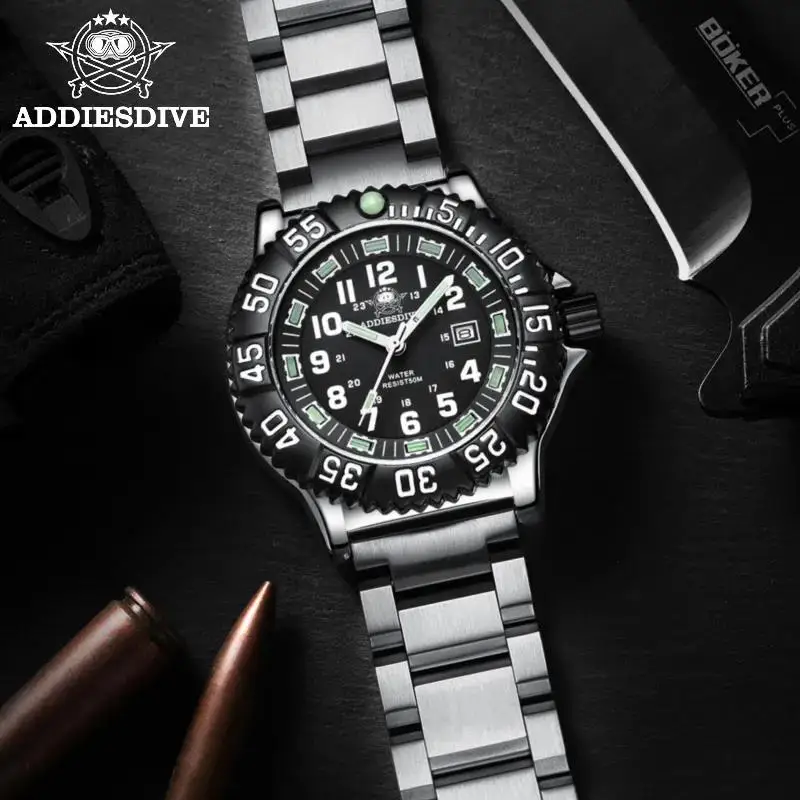 

Addies Dive New Men Watch 316L Stainless Steel Strap Black Dial 50m Waterproof Timepieces Luminous Hand 51mm Sports Watch Clock