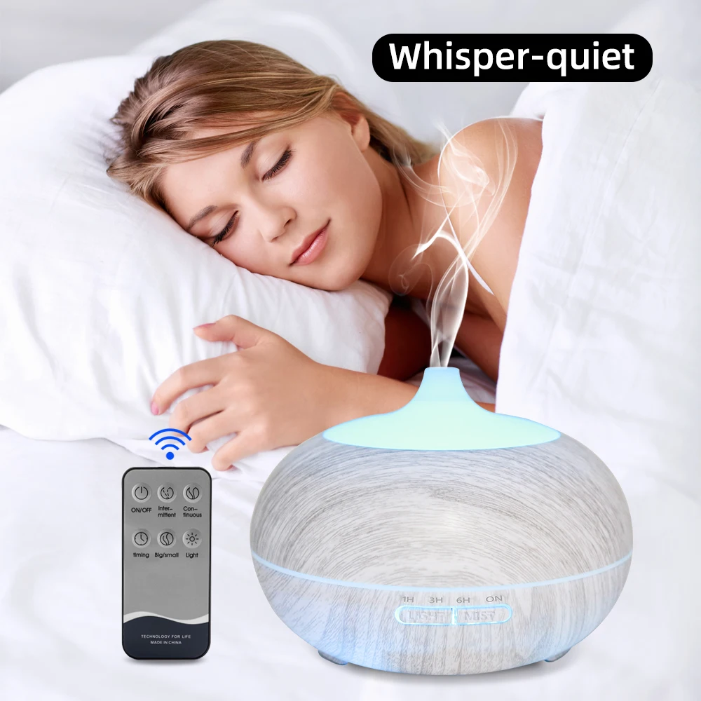 Wood Grain Aromatherapy Diffuser 550ml  Remote Control, 6 Essential Oils, 7 Color Changing LED Night Light for Home Office
