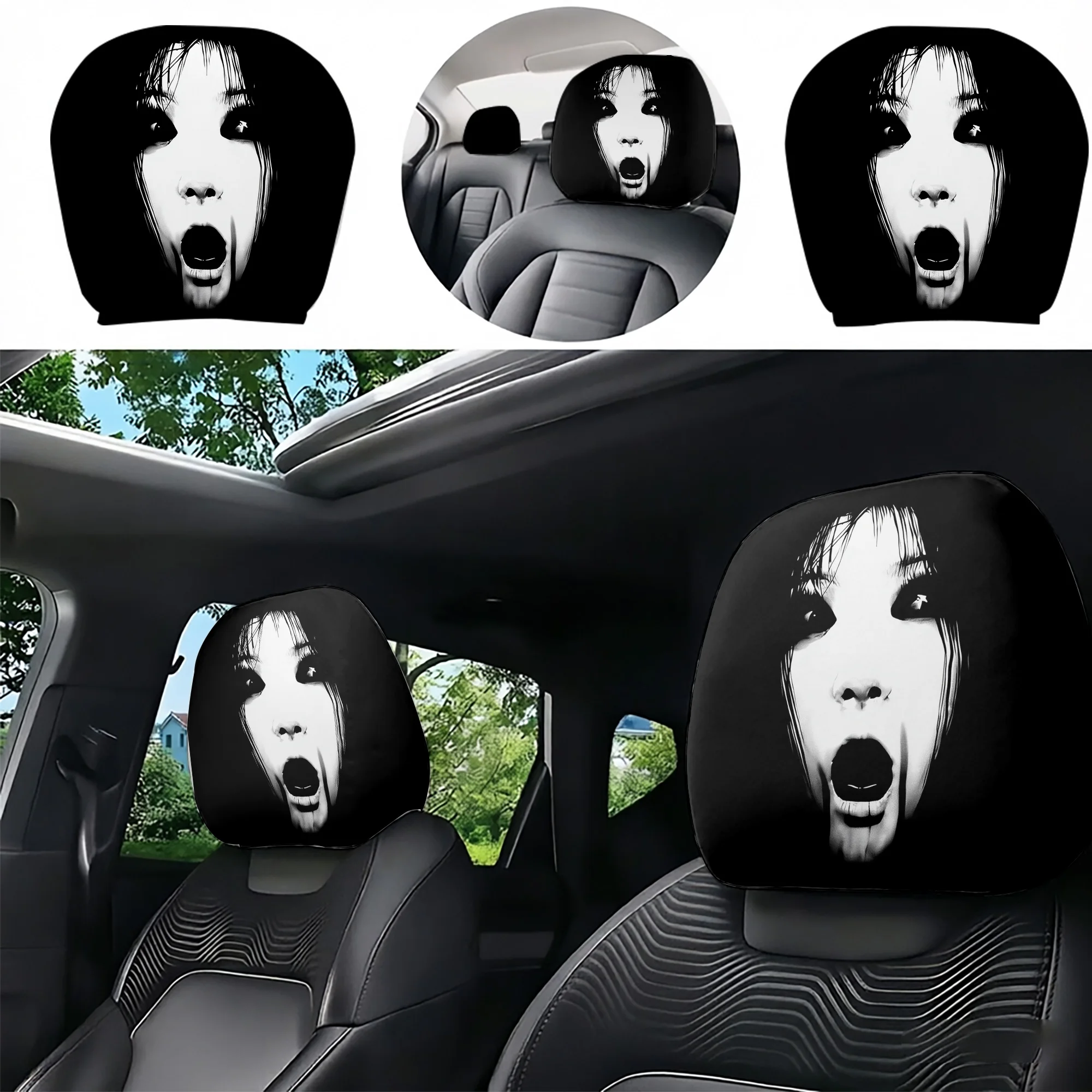 2pcs Spooky Ghost-Patterned Car Headrest Covers—add a touch of ghostly ambiance to your car’s interior. Filling not included. Ea