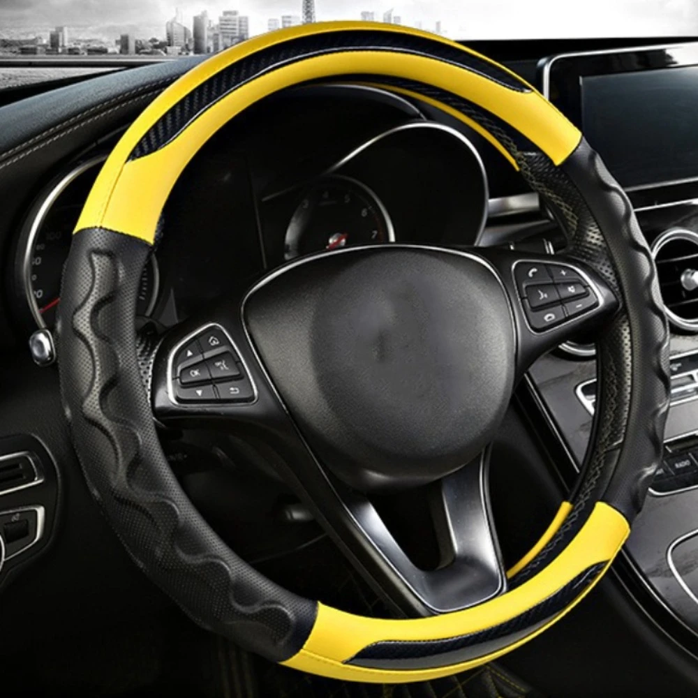 All-Season Carbon Fiber Leather Steering Wheel Cover, Anti-Slip Sweat-Absorbing, Multiple Colors 38cm  Round Sporty Style