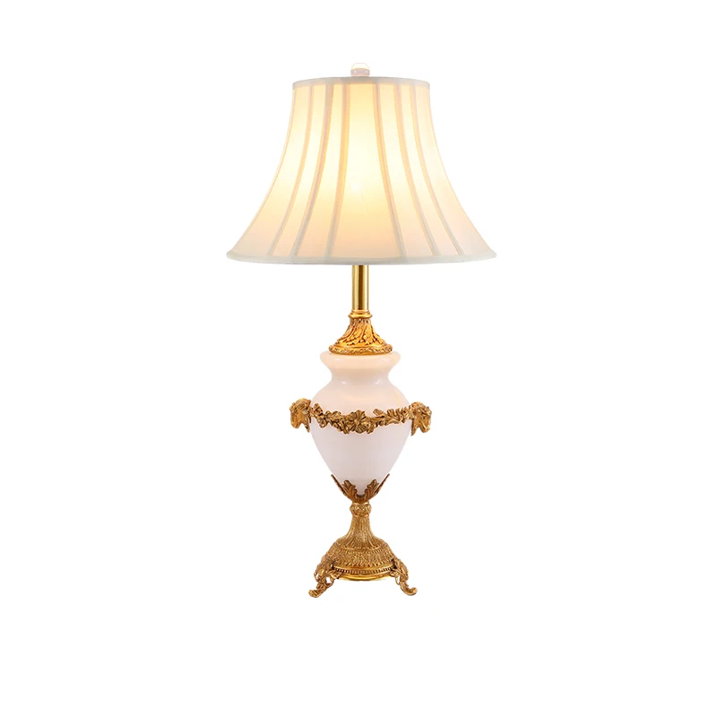 European Hotel Room Bedroom Bedside  Decorative Copper Desk Light French Living Room Fabric Brass Marble Table Lamp