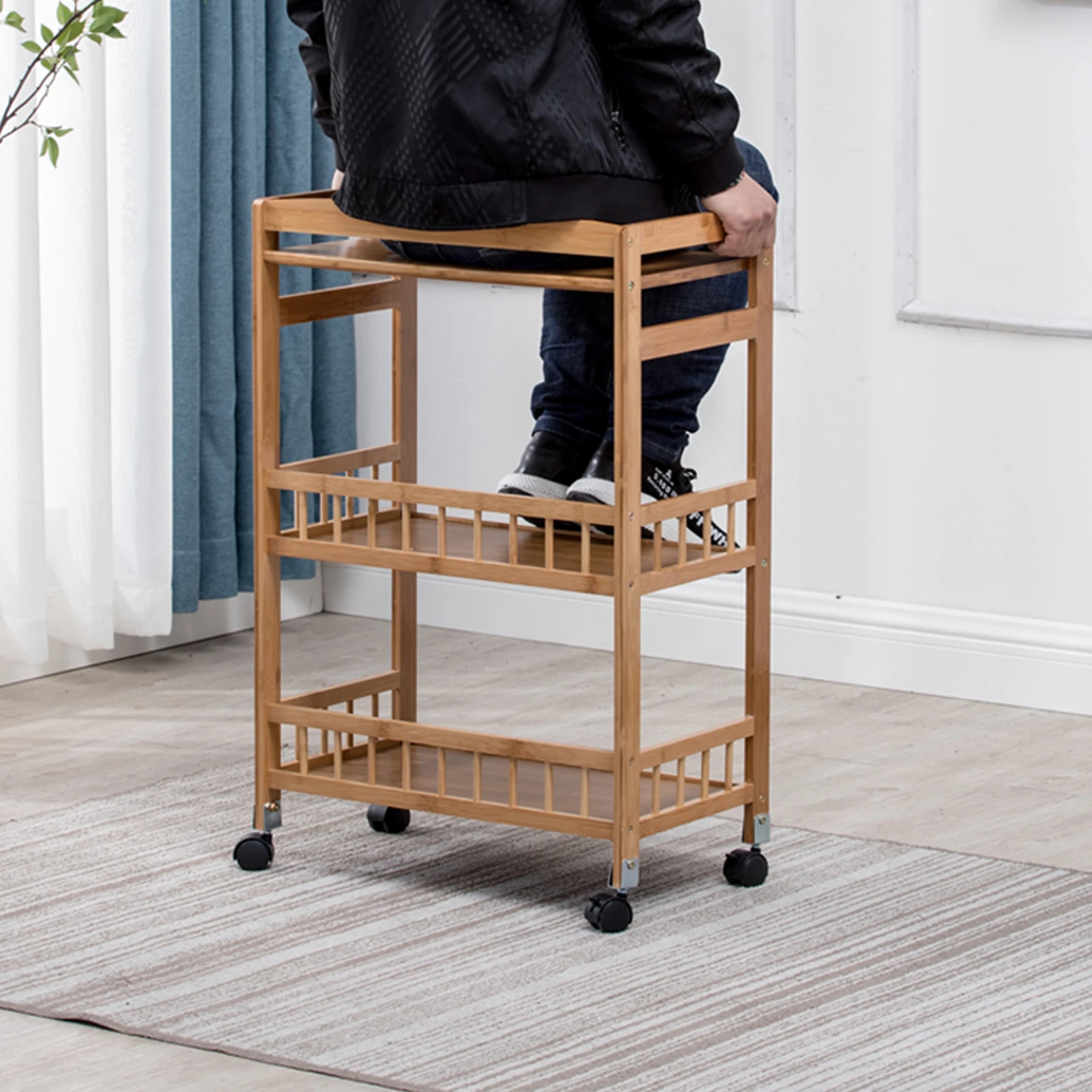 3-Tier Mobile Serving Cart Kitchen Storage Rack Serving Wheelcart Rolling Serving Carts Bamboo 65kg Load