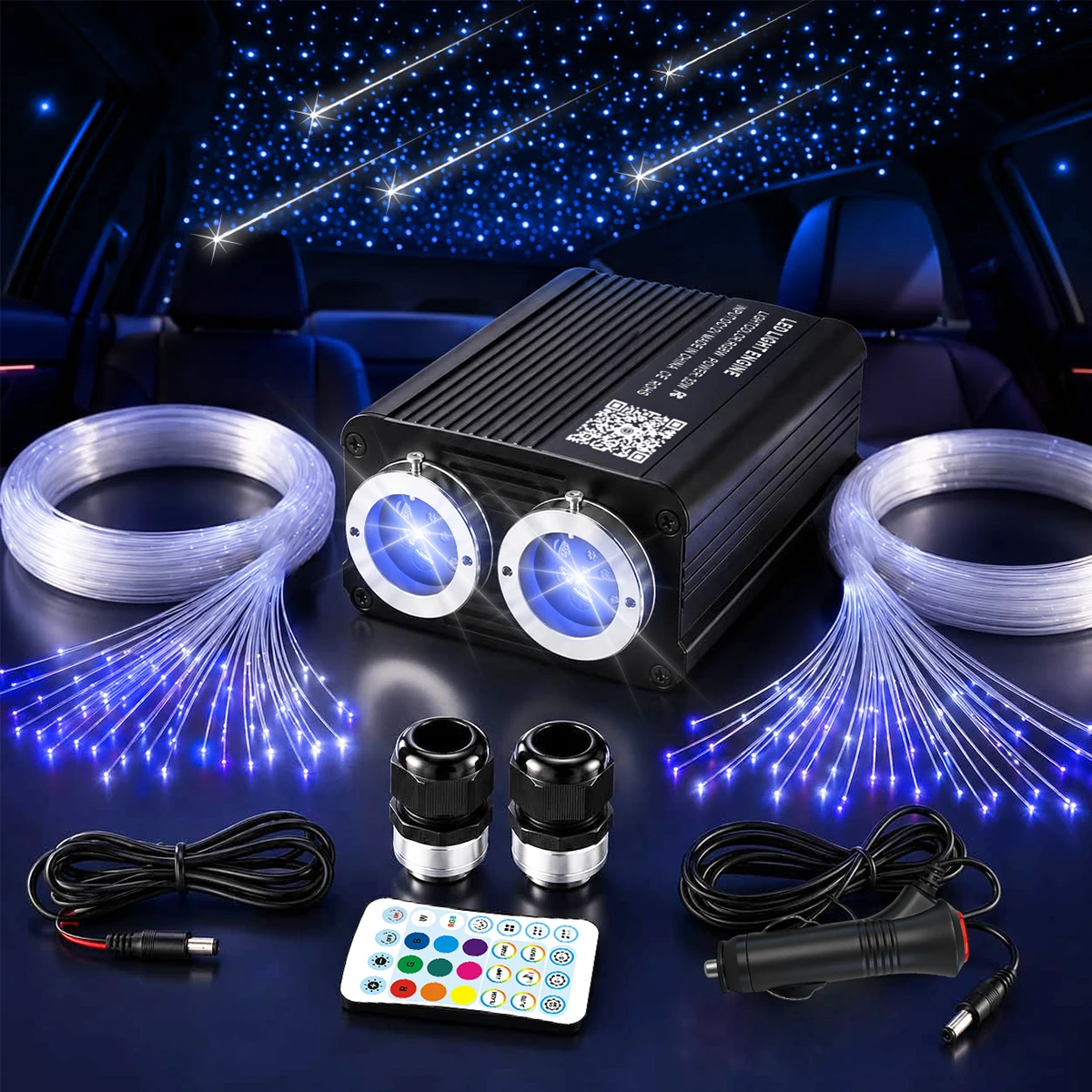Starlight Headliner Kit for Car, 24W Dual Port Fiber Optic Star Ceiling Lights, 1200 RGBW Strands 0.03in 6.5ft/9.8ft/13.1ft, App&28‑Key Remote, Twinkle, Shooting‑Star, Music Sync