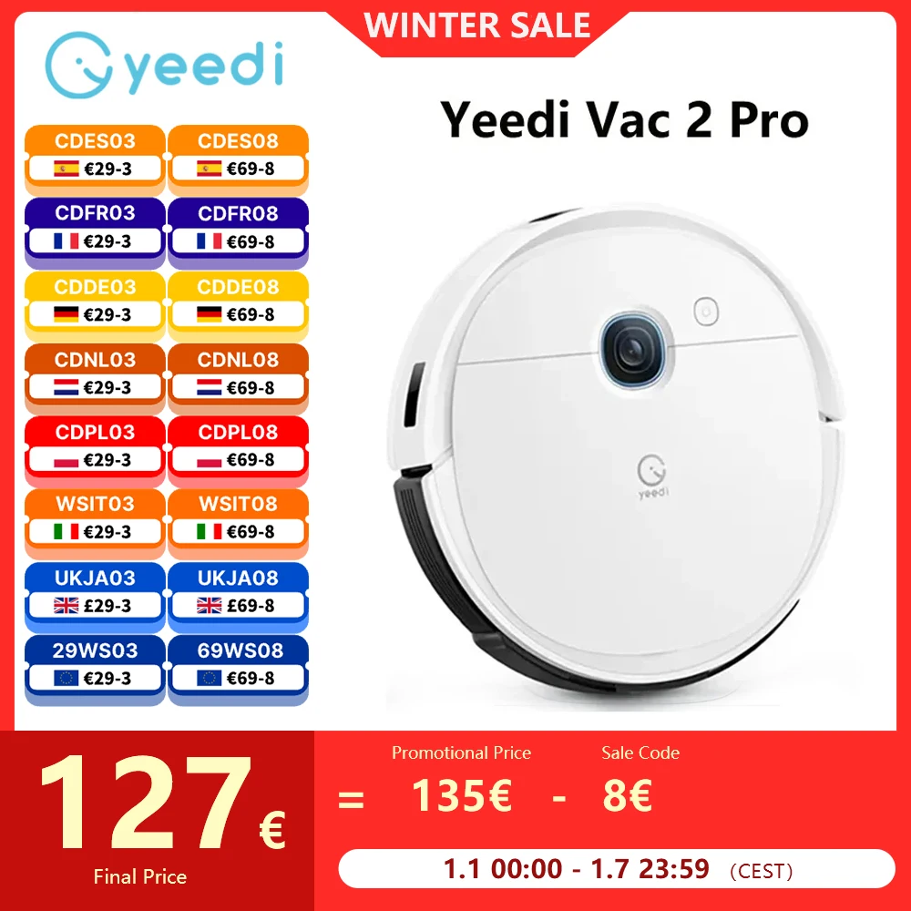 Yeedi-Robot aspirador Vac 2 Pro, aspiradora con succión de 3000Pa, 240 minutos de tiempo de ejecución, limpiador húmedo y seco, detección de