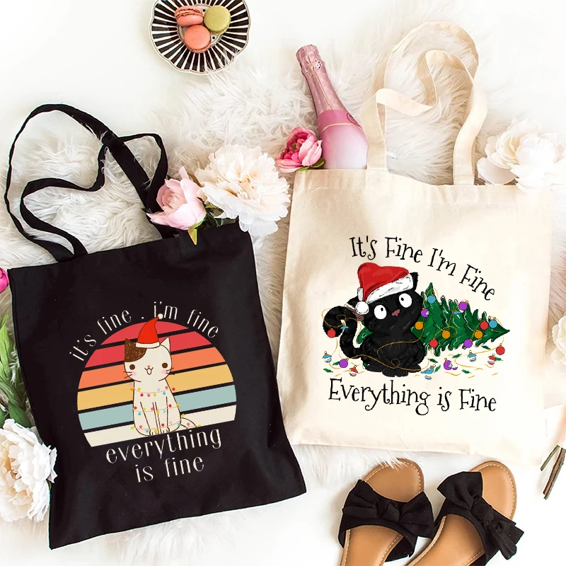 I\'m Fine Everything Is Fine Canvas Bag for Women Shopper Funny Christmas Lights Cat Handbags Torba na ramię wielokrotnego użytku