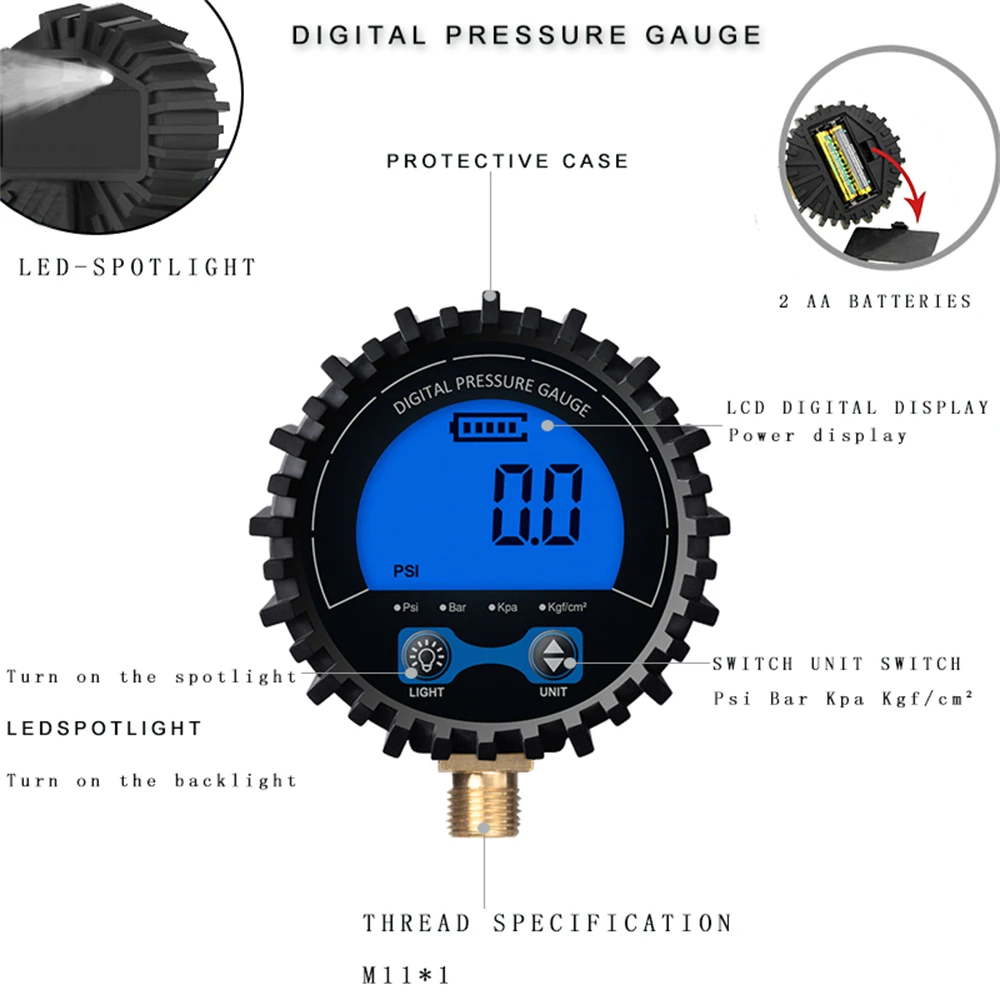 Digital Pressure Gauge Tire Pressure Gauge 3-255PSI Backlight LCD Display Copper Thread Air Pressure Gauge for Car Motorcycle