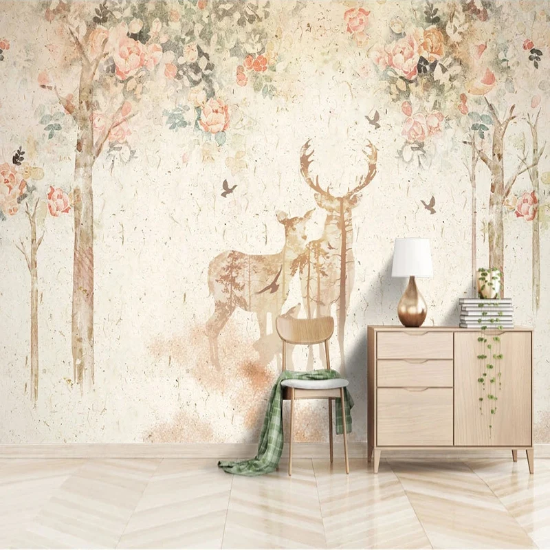 

Custom Any Size Mural Wallpaper Nordic Elk Forest Hand Painted 3D Watercolor Tree Bird Decorative Painting Background Wall Paper