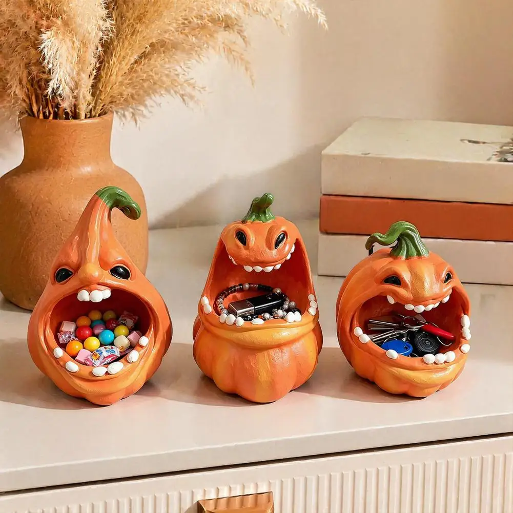 Halloween Pumpkin Storage Box Big Mouth Cartoon Pumpkin Resin Figurine Jewelry Keys Container Desktop Decors view 3