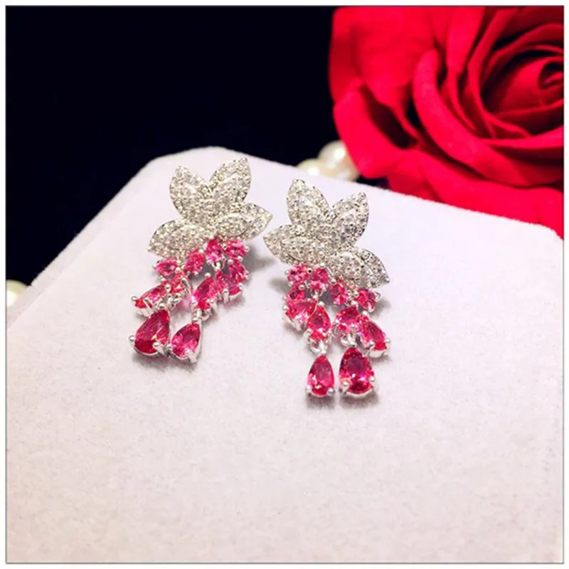 S925 Sterling Drop Earrings For Women Ear Studs Fine Jewelry Luxury Red Cubic Zirconia Temperament Brincos High Quality