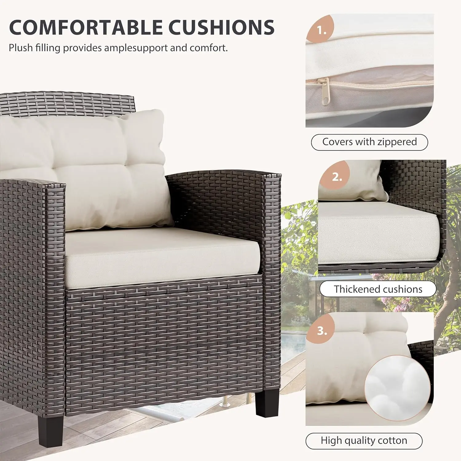 Outdoor Wicker Rattan Mobiliário Pátio Set, Cadeiras almofadadas, Pequeno Conversa Set, varanda frontal, 3 Pcs