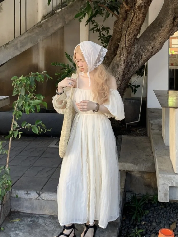 

plus Size Vacation Style off Shoulder Dress Women's Elegant Strapless Gown Spring Summer Pleated Slimming Long Skirt Korean V...