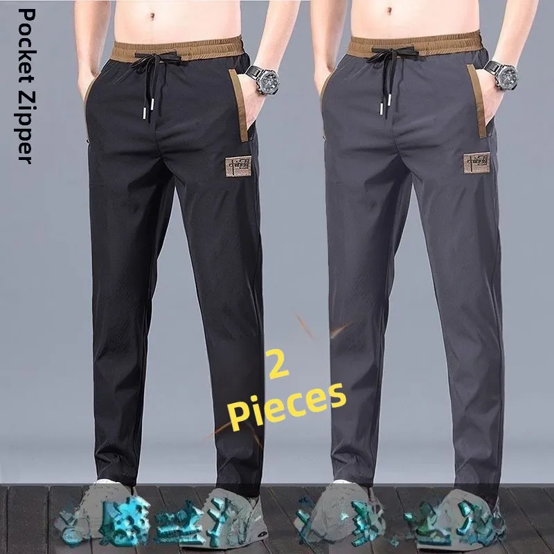 

Летние тонкие брюки из ледяного шелка для мужчин: эластичные, свободные, прямого кроя, для мужчин среднего возраста, спортивные, длинные, молодежные, Vitali Sle