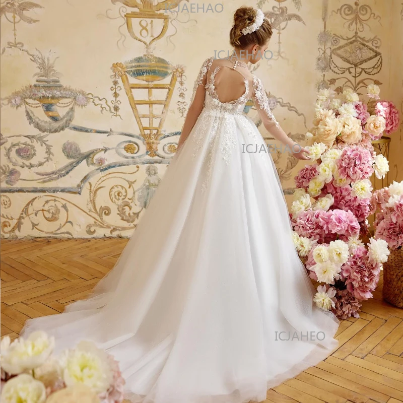 2026 New Kids Formal Dress Clothes Model Elegant Princess Girls White Lace Pageant Performance Outfit Gown Children Costume