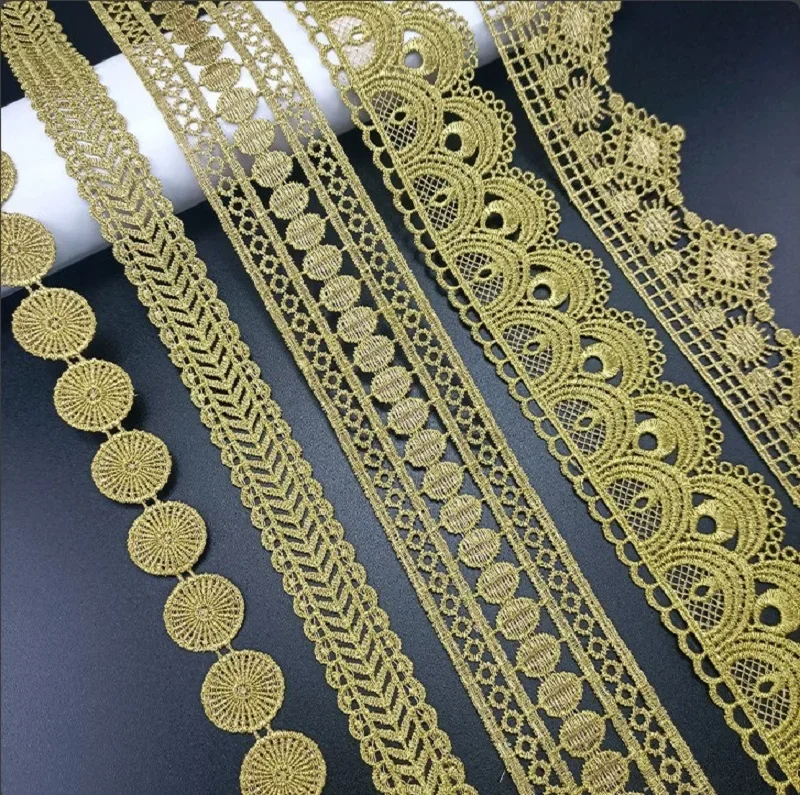 5 Yards hochwertiger hübscher goldener Spitzenbesatz, geflochtener Spitzenstoff, DIY-Kleidungszubehör, Rock, Ausschnitt, Stickerei, Spitzenbesatz