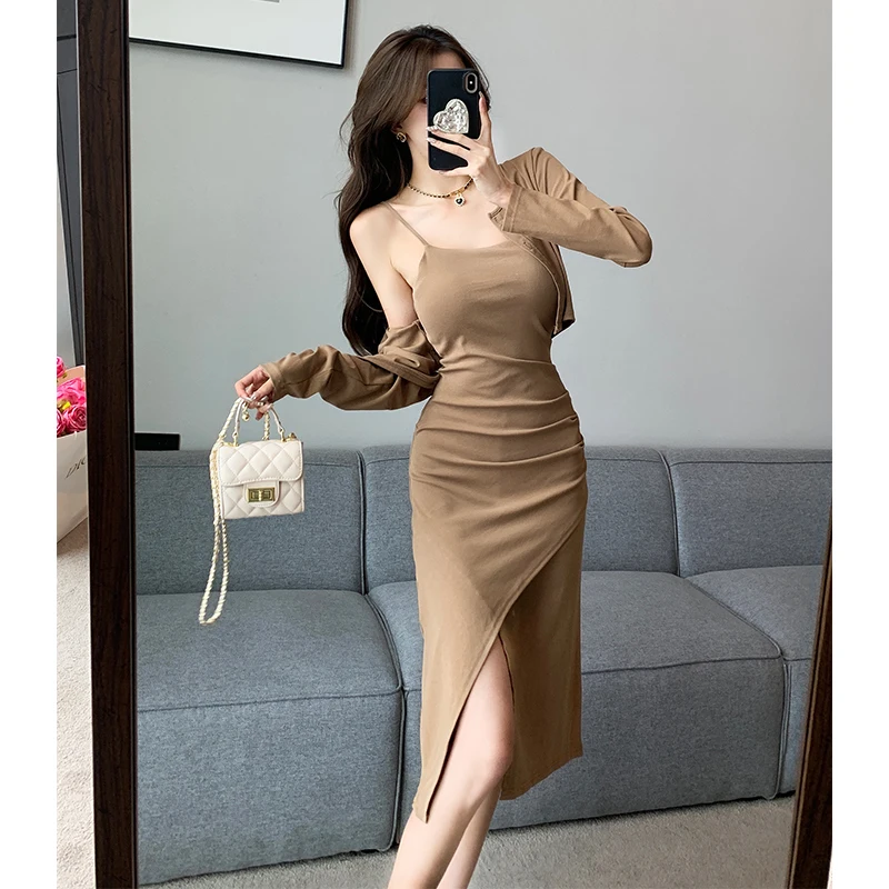 Autumn New Elegant Retro Split Sexy Strap Dress Two Piece Cardigan Long Sleeve Long Dress Spicy Girls Advanced Fashion Set