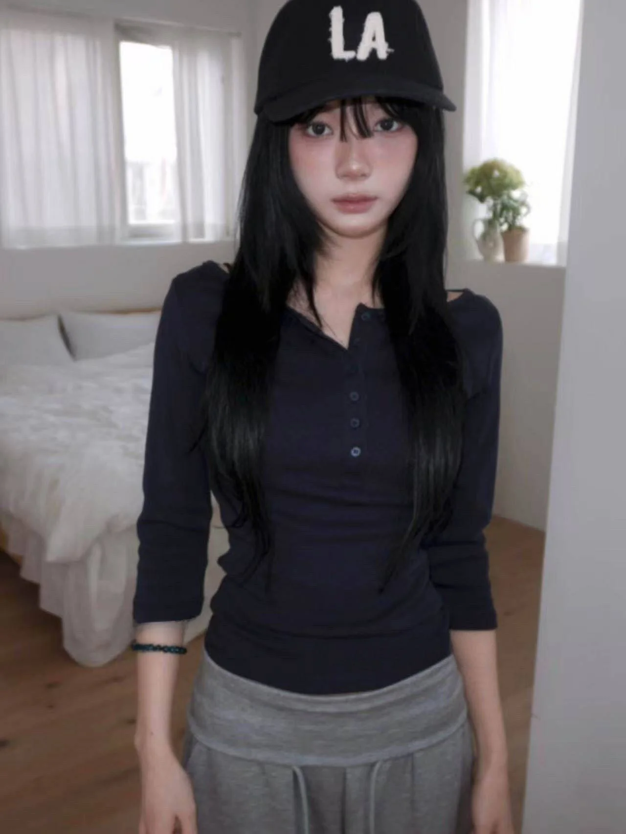 Classic Korean Style Long Sleeve Button up Henry T-Shirt Versatile Basic Spring Summer New Arrival Women's Fashion Top