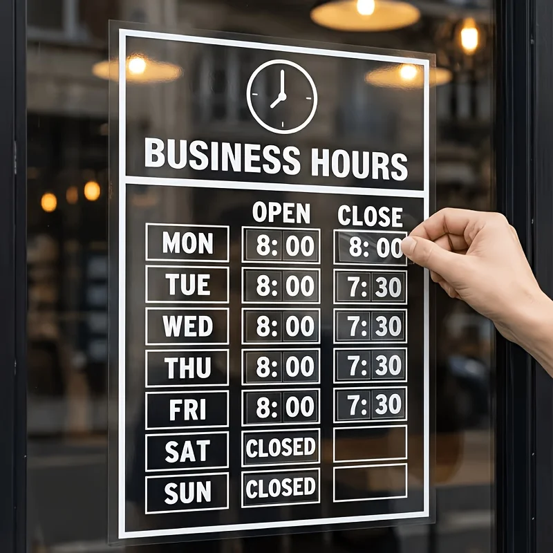 1Set Business Hours Window Stickers, Transparent UV-Resistant Vinyl Decals, Self-Adhesive Open & Close Time Signs