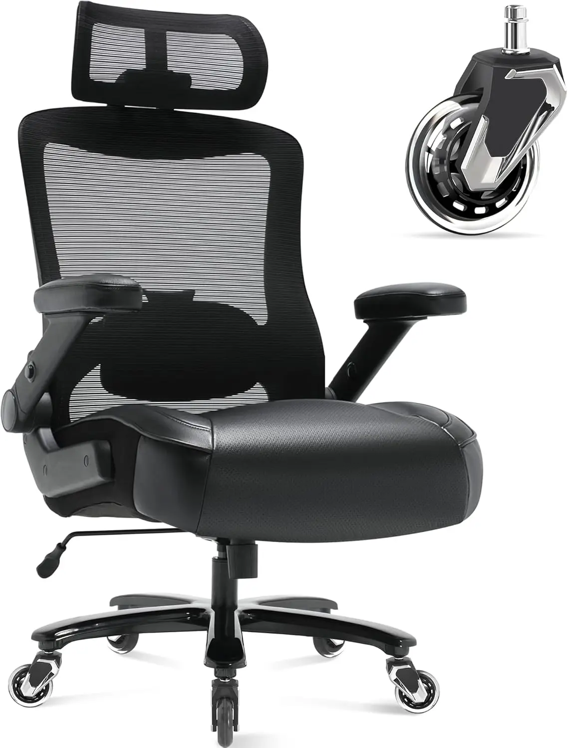كرسي مكتب كبير وطويل بوزن 600 رطل، مسند رأس قابل للتعديل، ظهر شبكي مريح مع دعم قطني، عجلات كبيرة شديدة التحمل – تنفيذية
