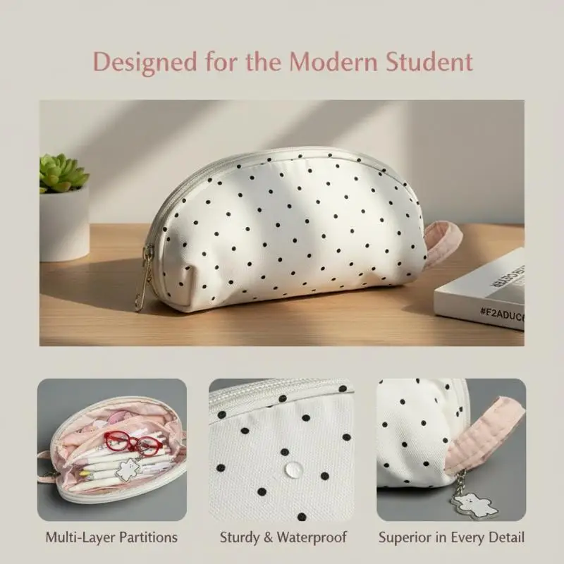 Polka Dot Large Capacity Soft Touch Pencil Case Fashion Stationery Pouch for Girls School Daily Supplies