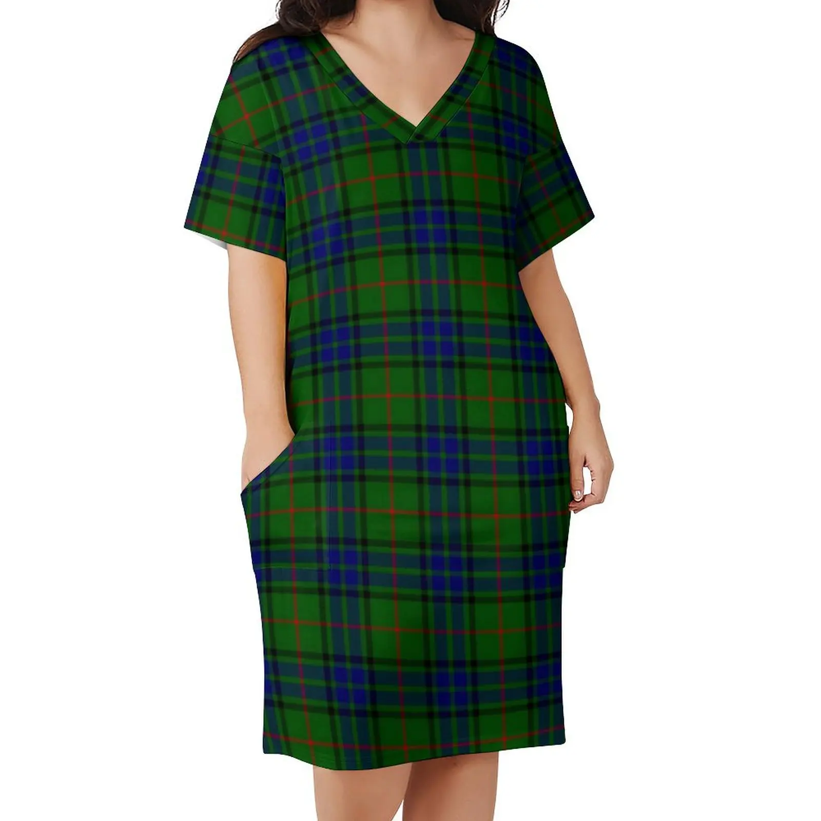 

Retro Plaid Casual Dress Holiday Green Check Print Cute Dresses Women V Neck Graphic Street Wear Dress Big Size