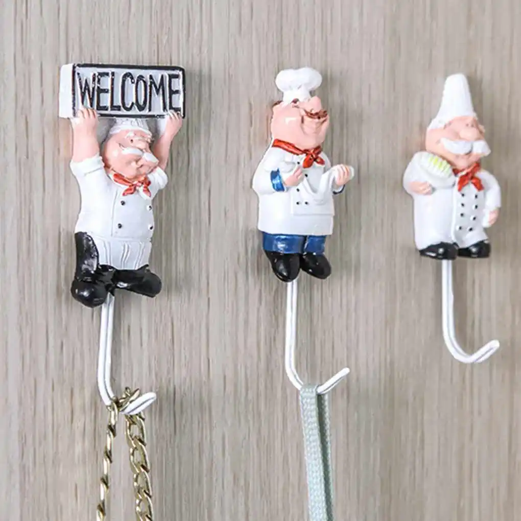 4pcs Cartoon Chef Stainless Steel Sticky Hook Clothes Coat Hat Hanger Kitchen Bathroom Rustproof Towel Hooks