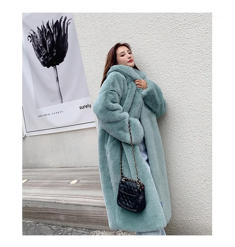 Lautaro Winter Long Loose Casual Windproof Soft Thick Warm Fluffy Green Black Faux Fur Coat Women with Hood Furry Overcoat 2023