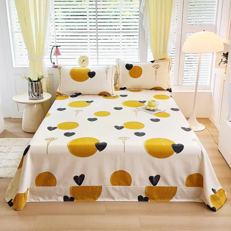 Cotton Circle Love Heart Printed Bed Sheet Gold Flower Decorative Thickened Bedsheet Skin-friendly Bedding with 2 Pillowcases