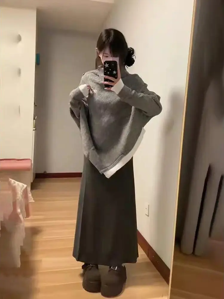 

Laid-ba Sle асимметричный вязаный свитер и комплект юбки с высокой талией для похудения, осенний модный японский трендовый ансамбль