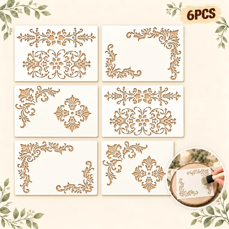 6Pcs Vintage Floral Border Stencils Reusable PET Stencils for Painting Corner Pattern Craft Templates Wall Wood Fabric Decor
