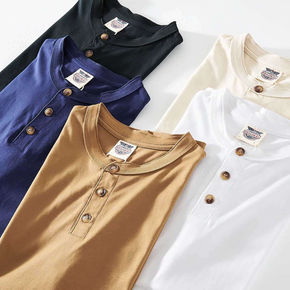 2025 Summer American Retro Short Sleeve Henry Collar Solid Color T-shirt Men's Simple 100% Cotton Washed Casual Tough Guy Tops