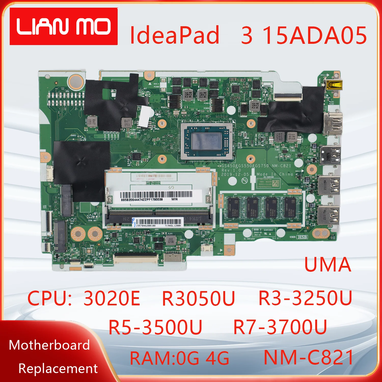 NM-C821 is Suitable For Lenovo IdeaPad 3 15ADA05 Laptop Motherboard 3020E R3050U R3 R5 R7 0G 4G 5B20S44466 5B20S44474 UMA