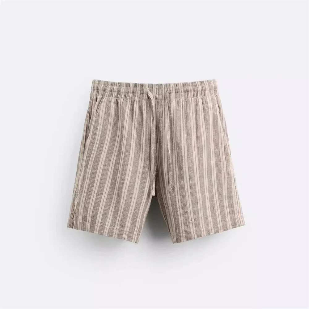 ZA2024 Autumn New Men\'s Fashion Style Versatile Loose Stripe Printed Elastic Waist Casual High Waist Shorts