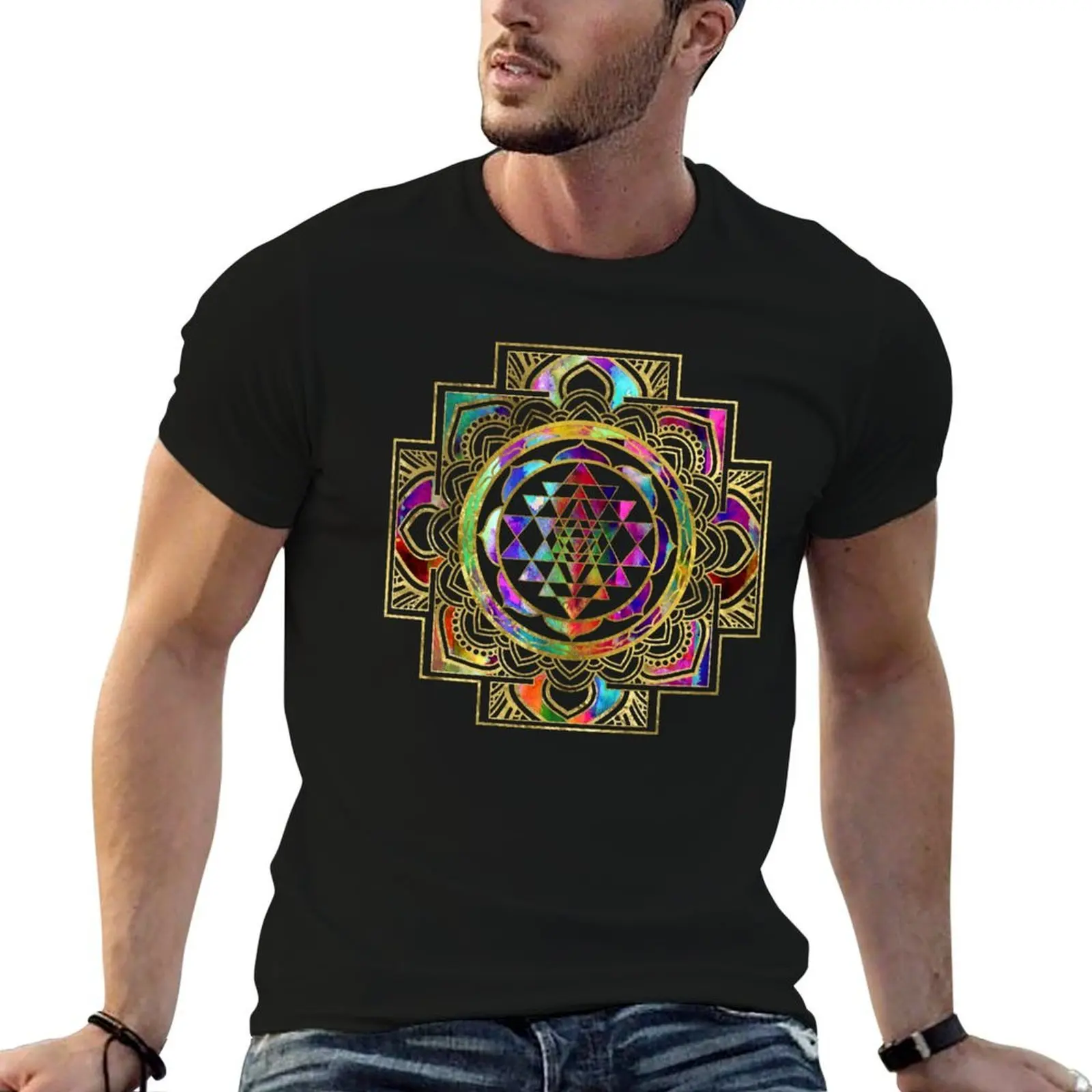 

Colorful Gold framed Sri Yantra Sri Chakra T-Shirt t shirts for man graphic tees man t shirt graphic T-Shirt