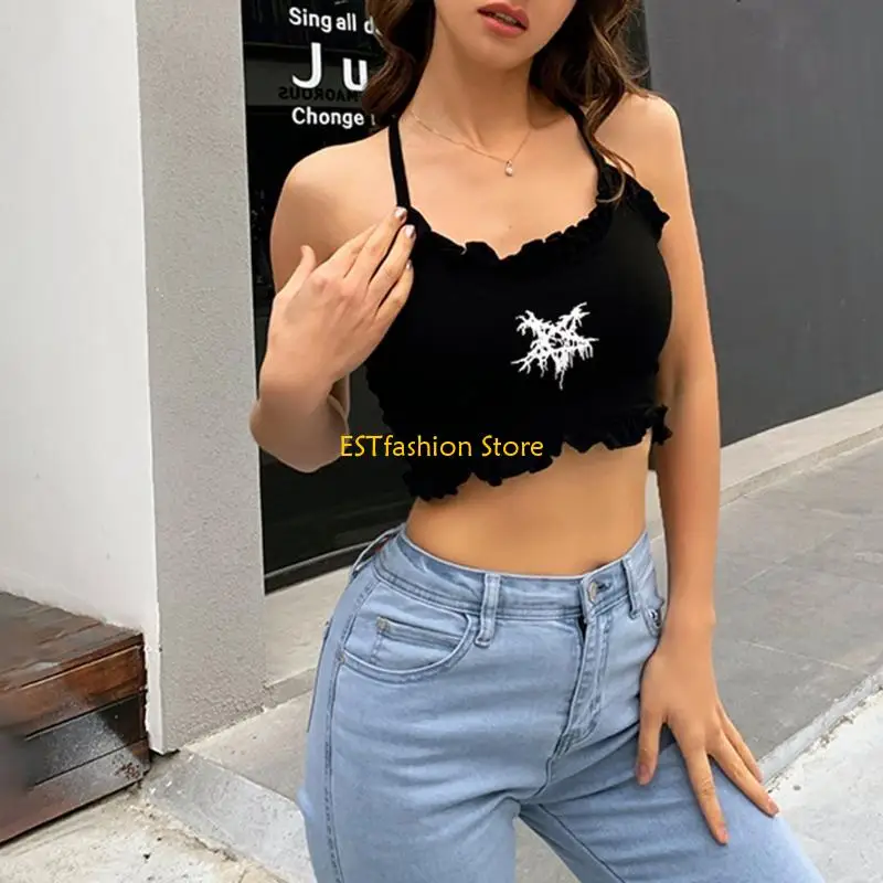 Y5GC Women Gothic Sexy Halter Sleeveless Crop Top Harajuku Five-Pointed Star Print Camisole Trim for Cross Back