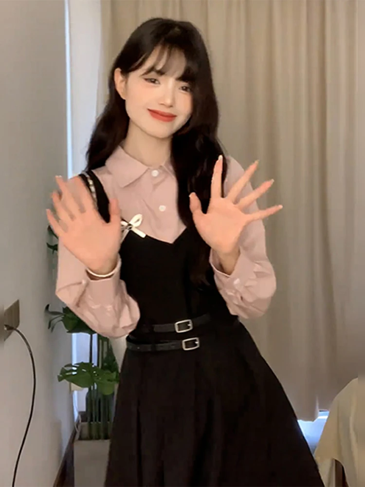 Jupe longue en Faux deux pièces pour fille, style coréen, bretelles Dr, taille haute, en Fiber de Polyester douce et confortable, automne et hiver