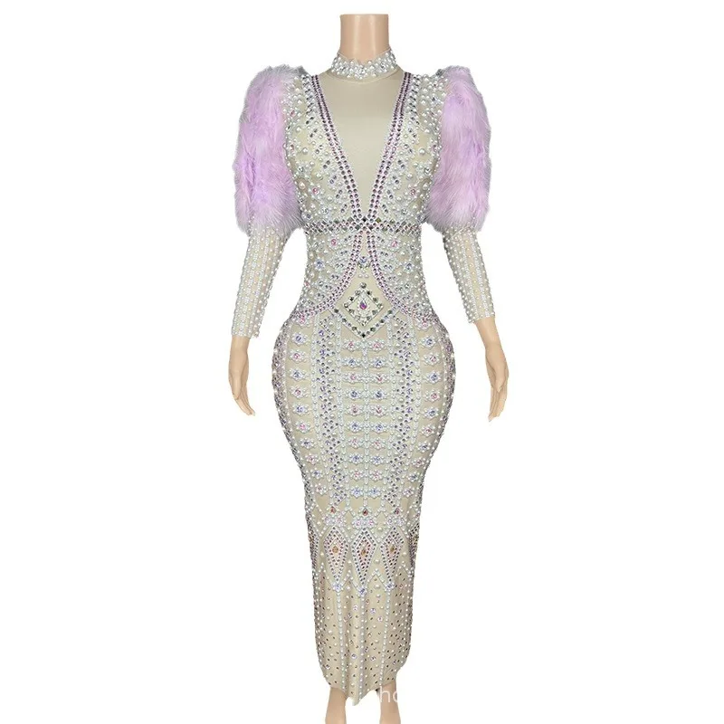 

Pink Feather Bright Diamond Temperament After Split Skirt Cocktail Party Birthday Party Star Red Carpet Award Ceremony Robe Fête