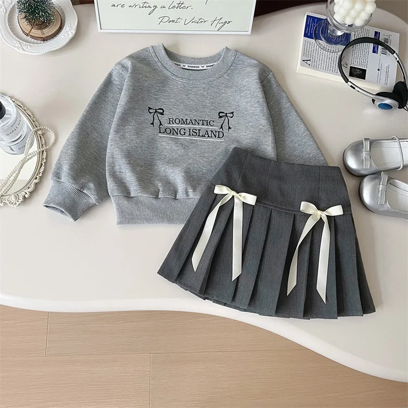 

Autumn Children Girl 2 Piece Clothes Set Cotton Letter Print Sweatshirt Outfits Kid Girl 3D Lace Bowknot Pleated Skirt Tracksuit