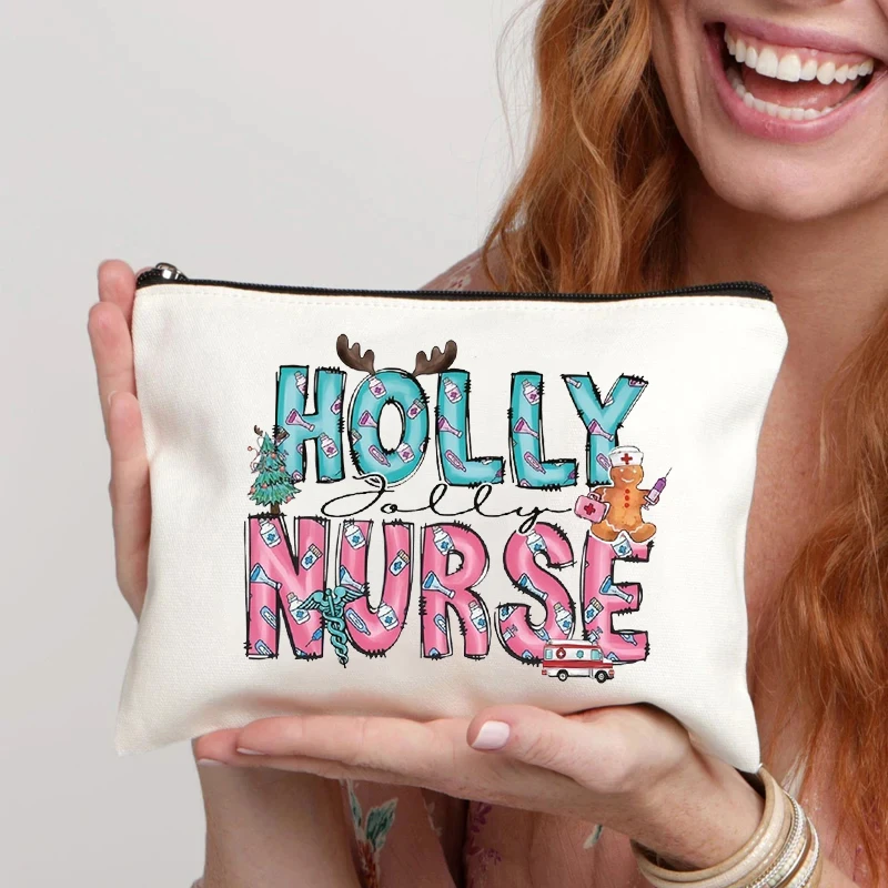 Nurse Christmas Element Print Canvas Bag Organizer Office Supplies Pencil Case Zipper Pouch Storage Cosmetic Bag Christmas Gift