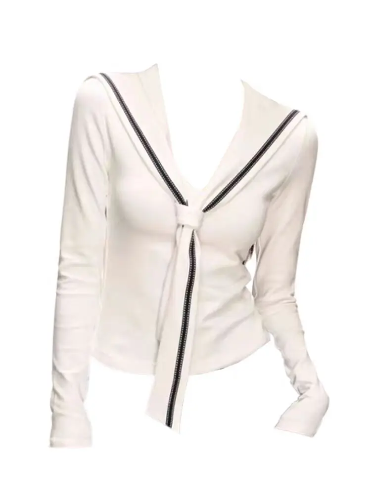 

Long Sleeved T Shirt Girlfriend Womens Autumn Quick Drying Bodycon Contour Preppy College Classroom Retro Waist Pleat Texture OL