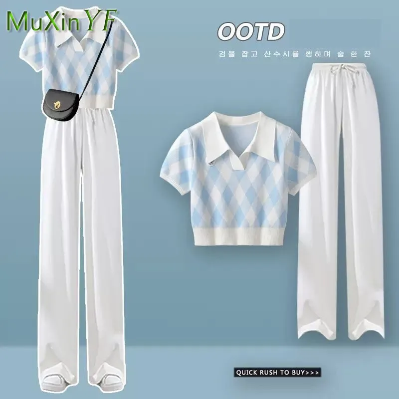 2023 Summer New Loose Polo Neck Top+Wide Leg Pants Two Piece Suit Women\'s Korean Elegant Short Sleeve Pants Casual Matching Set