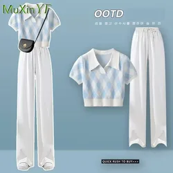 2023 Summer New Loose Polo Neck Top+Wide Leg Pants Two Piece Suit Women's Korean Elegant Short Sleeve Pants Casual Matching Set