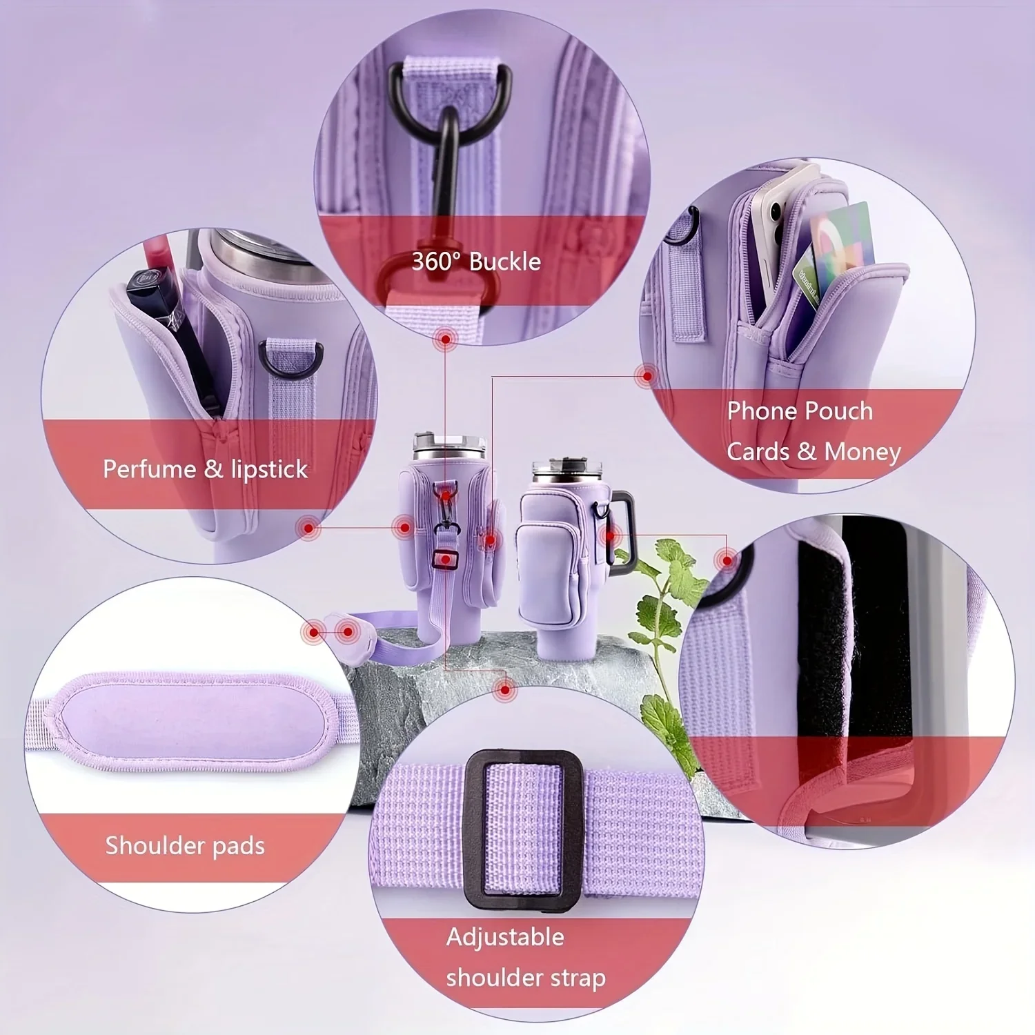 حقيبة تخزين زجاجات المياه مع جيب للهاتف، مناسبة لأكواب الفولاذ المقاوم للصدأ 40/30 أونصة.