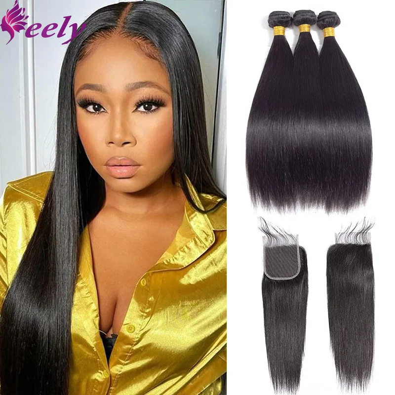 Mèches Brésiliennes Naturelles Lisses avec Closure pour Femme, Extensions de Cheveux Humains, 4x4